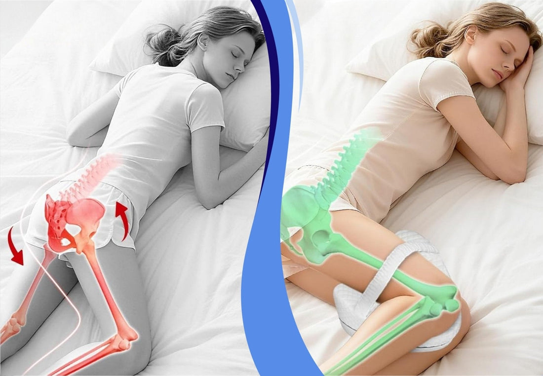 Seitenlage ohne und mit Kissen zwischen den Knien im Vergleich, Becken- und Beinachse hervorgehoben