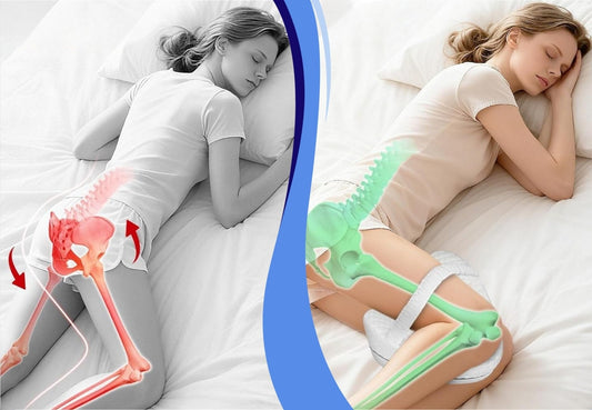 Seitenlage ohne und mit Kissen zwischen den Knien im Vergleich, Becken- und Beinachse hervorgehoben