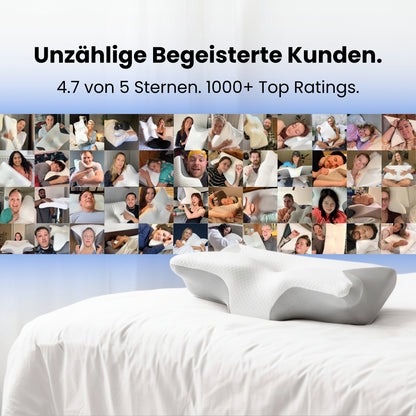 Bildcollage von Kundinnen und Kunden mit dem SleepFit Kissen, Bildtext Unzählige begeisterte Kunden und 4.7 von 5 Sternen
