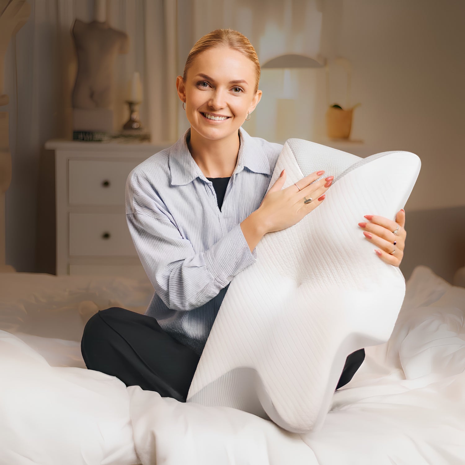 Frau sitzt auf dem Bett und hält das weisse SleepFit Kissen mit seiner ergonomischen Kontur in den Händen